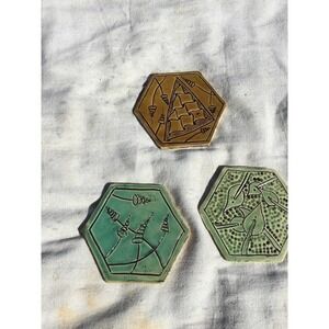 Handmade art pottery coasters set of 3 green brown tan 4.5” mushroom signed cell